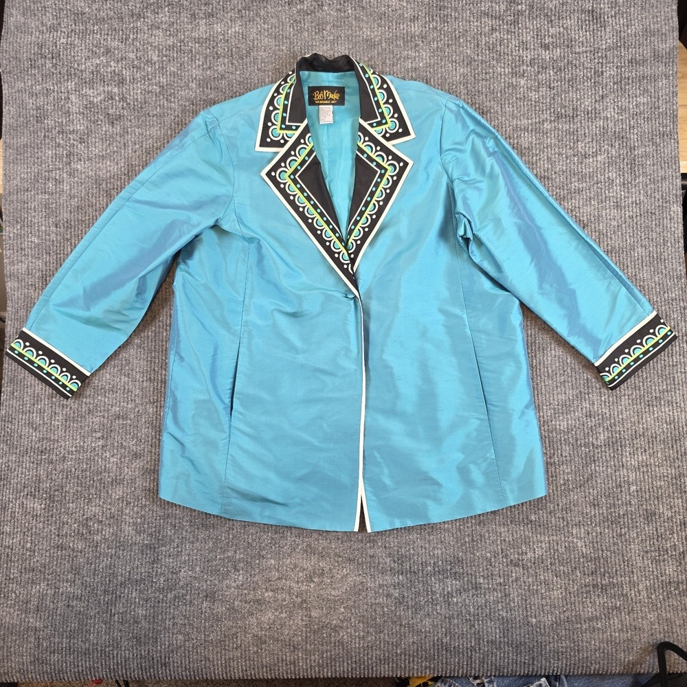 Bob Mackie Wearable Art Silk Jacket Blazer Aqua Blue Embroidered Deco Cuffs 1X‎